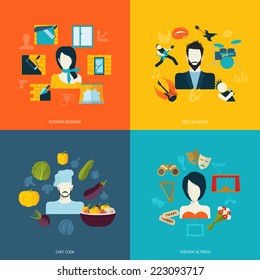 Avatars icons set flat with interior designer rock musician chef cook theater actress isolated vector illustration