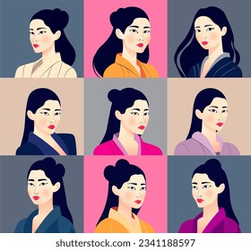 Avatars, icons. Young women with black hair color, different portraits for social media. A wide range of customizable characters, for profiles and web design, isolated art flat vector set.