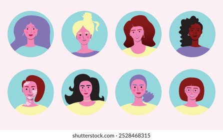 Avatars of imperfect women with afro woman and person with vitiligo, premium flat vector stock illustration with avatar set