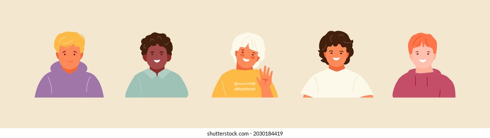 Avatars kids boys with different appearance and nationality. Preschoolers and schoolchildren. Vector illustration set