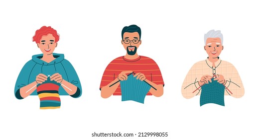 Avatars of knitting young and senior men. Hobbies, needlework, handicraft, leisure, relaxation. Knitting needles, woolen cloth in hands. Set of isolated flat vector illustrations