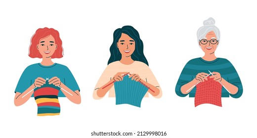 Avatars of knitting young and senior women. Hobbies, needlework, handicraft, leisure, relaxation. Knitting needles, woolen cloth in hands. Set of isolated flat vector illustrations