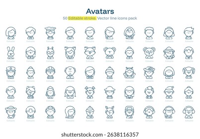 Avatars line icon pack. Avatars Stroke icon set. Editable Stroke icon