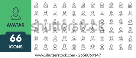 Avatars Line Icon Set. Set of 66 outline icons including user profiles, male and female faces, people, identity, account icons, and human figures. Editable stroke. Linear vector illustration.