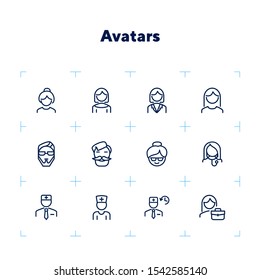 Avatars line icon set. Hipster, doctor, grandmother. People concept. Can be used for topics like occupation, hospital, job