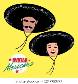 Avatars of man with mustache and pretty woman wearing mexican hat. Retro style.