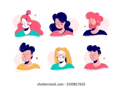 Avatars of man and woman set isolated on white vector illustration. Collection consists of male and female profile or account images flat concept. Icons of guys and girls for web design