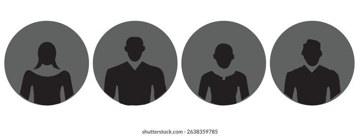 Avatars of a man and a woman. Silhouettes male and female. Profile picture, portrait symbol. User member. Circle button with avatar photo silhouette vector design and illustration