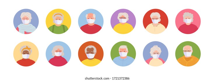 Avatars masked old people set cartoon style. Multi nationality elderly faces man and woman collection. Stop coronavirus pandemic. Isolated vector illustration