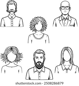 Avatars of men with beards and mustaches, wearing glasses, and women with different hairstyles. Set of vector sketches of people on transparent backgrounds