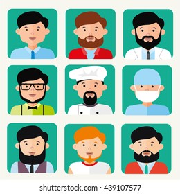 Avatars of men of different professions, hairstyles and shapes of faces, icons users. Flat. Salesman, cowboy, surgeon, student, chef, doctor, accountant, designer, hipster