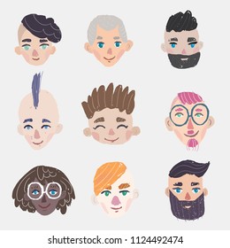 Avatars men heads set with smiling face. Team icons collection. Vector illustration. 
