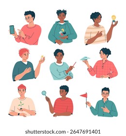 Avatars of men holding business items. People with various elements of strategy, planning, management, brainstorm. Phone, pencil, light bulb, magnific glass in arm. Vector illustration