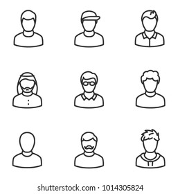 avatars of men icon set, linear design. Collection of different icons. Line with editable stroke