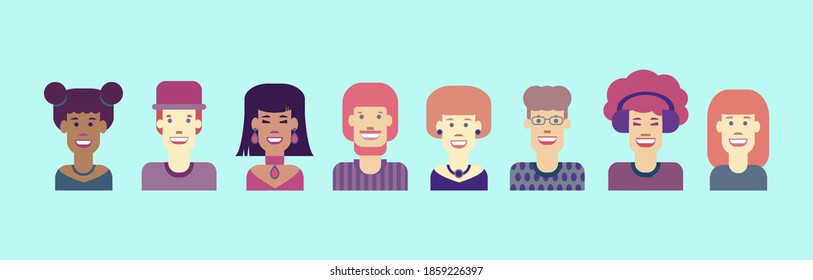 Avatars. Men and women set of cheerful different characters. Vector multicolored isolated illustration.