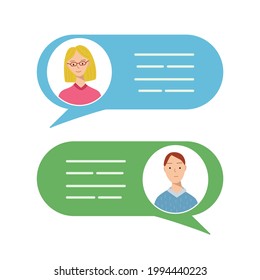 Avatars of men and women in speech bubbles. Concept of chat, message, web communicate, messenger. Vector illustration of an online conversation