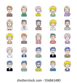 Avatars of men and women vector icons. Vector illustration. Icon set of different face expressions