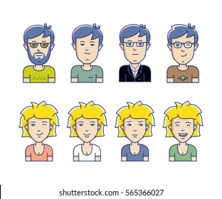 Avatars of men and women vector icons. Vector illustration. Icon set of different face expressions
