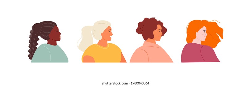 Avatars of modern women with different looks and hairstyles. Vector portraits templates