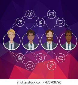 Avatars of office managers. Cartoon characters with cloud technology. Flat design concept for website template. Web banners or headers vector illustration. Vector web banner for presentation