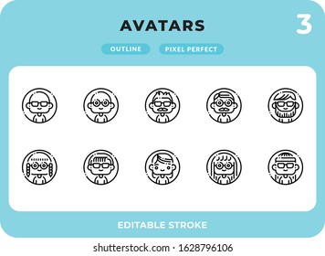 Avatars Outline Icons Pack for UI. Editable Stroke. Pixel perfect thin line vector icon set for web design and website application.

