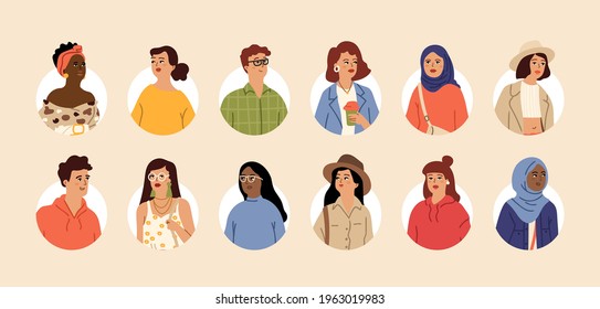 Avatars people. Casual stylish woman man. Cartoon portraits, teenagers girl boy. Afro american european arabic vector characters