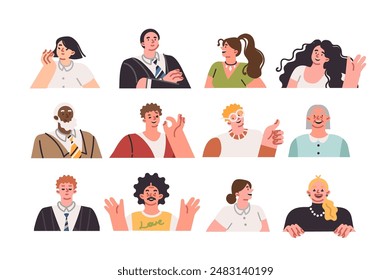 Avatars of people of different ages and nationalities, demonstrating positive mood and smile. Avatars of multicultural men and women dressed in casual or business clothes for visiting office