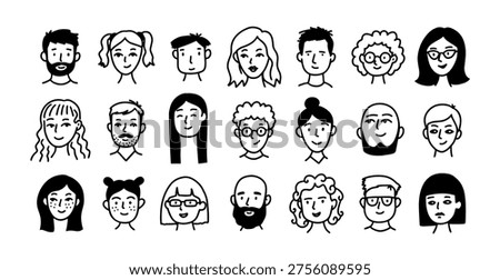 Avatars people face with portrait profile head for character avatar users. Crowd faces heads with diversity male female for boy girl adult. Kid user avatars with vector portrait outline.