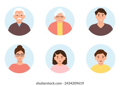 Avatars of people, family members. Parents, grandparents and children.Vector illustration