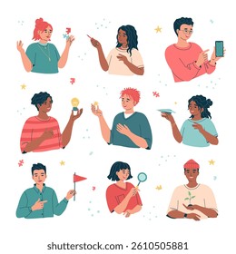 Avatars of people holding business items. Men and women with various elements of strategy, planning, management, brainstorm. Phone, pencil, light bulb, magnific glass in arm. Vector illustration