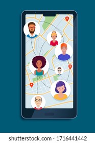 Avatars of people on a map in a app on phone. Social network and internet communication concept. Flat vector illustration