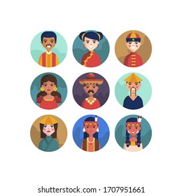 Avatars people of various nationalities in traditional costumes isolated vector illustrations.