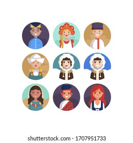 Avatars people of various nationalities in traditional costumes isolated vector illustrations.