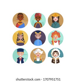 Avatars people of various nationalities in traditional costumes isolated vector illustrations.