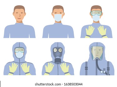 Avatars for personal protective equipment against biochemical threats. Different levels of protection. Shield an individual from chemical and biological hazards. Vector illustration.