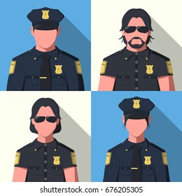 Avatars of police officers. Silhouettes of man and woman in uniform. Flat vector illustration.