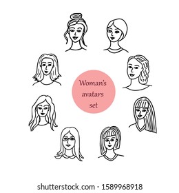 avatars portraits of a young womans with beautiful hair and a smile in a hand drawn doodle style. set of elements