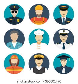 Avatars profession people: cop, builder, pilot, doctor, cook, sailor, fireman, taxi driver, judge. Face men uniform. Avatars in flat design. Vector illustrations