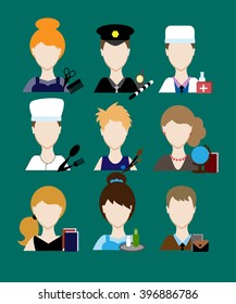Avatars profession people cop doctor, cook, hairdresser, an artist, teacher, waiter, a businessman, secretary. Face men uniform. Avatars in flat design. Vector illustration