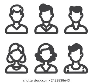Avatars related, pixel perfect, editable stroke, up scalable square line vector icon set.