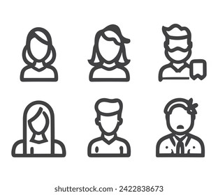 Avatars related, pixel perfect, editable stroke, up scalable square line vector icon set.