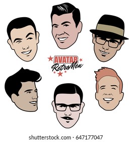 Avatars retro men. Set of six 40's or 50's style men's avatars