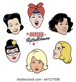 Avatars retro women. Set of six 40's or 50's style women's avatars