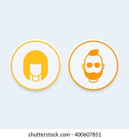 Avatars round trendy icons, girl and bearded man, login icons, vector illustration