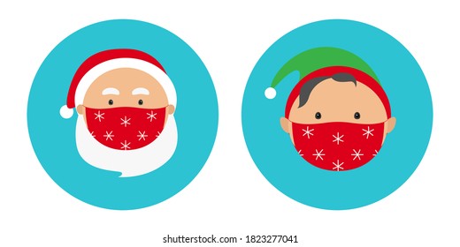 Avatars of Santa Claus and Christmas elf in face masks. Vector icon.
