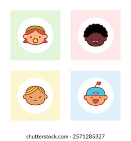 Avatars set of boys and girls of different ethnicities. Funny portraits of preschool children. Cute Children avatar collection. Babies with pacifiers. Kindergarten kids with various accessories