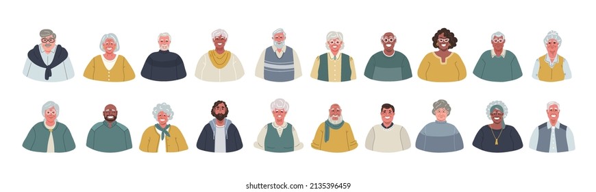 Avatars set with different elderly people isolated on white background.Diverse portraits of smiling senior women and men,various races,skin color.Vector flat illustration.