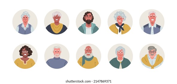 Avatars set with different elderly people isolated on white background.Diverse profile portraits of smiling senior women and men,various races,skin color.Vector flat illustration.