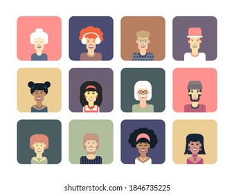 Avatars set of funny characters. Men and women of different nationalities and ages. Vector isolated illustration.