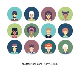 Avatares de personajes divertidos. Hombres y mujeres de diferentes nacionalidades y edades. Ilustración aislada del vector.